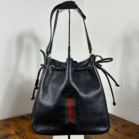 Gucci Handbags - Gucci Vintage Bucket Bag Black Leather Red Green Stripe Interlocking G Sherry